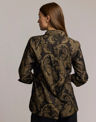 Aileen 3/4 Sleeve Paisley Jacquard Shirt in Black/Khaki
