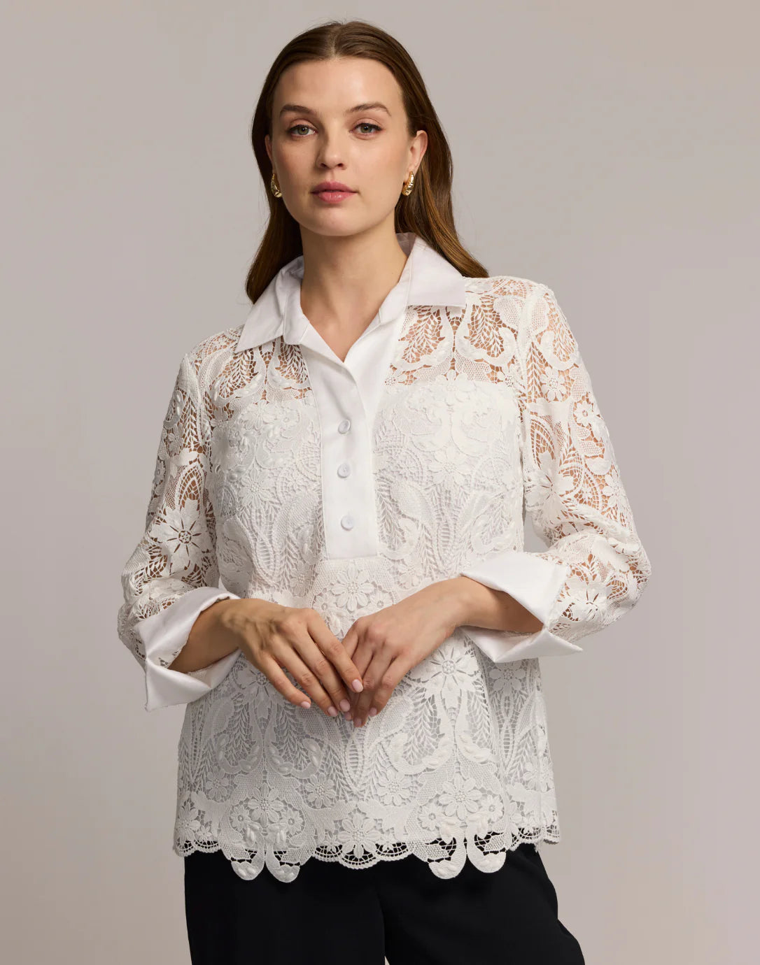 Aileen 3/4 Sleeve Lace Shirt in White