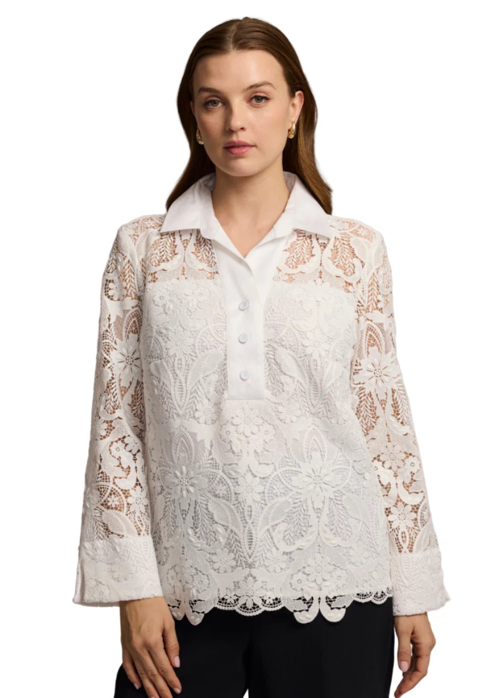 Aileen 3/4 Sleeve Lace Shirt in White