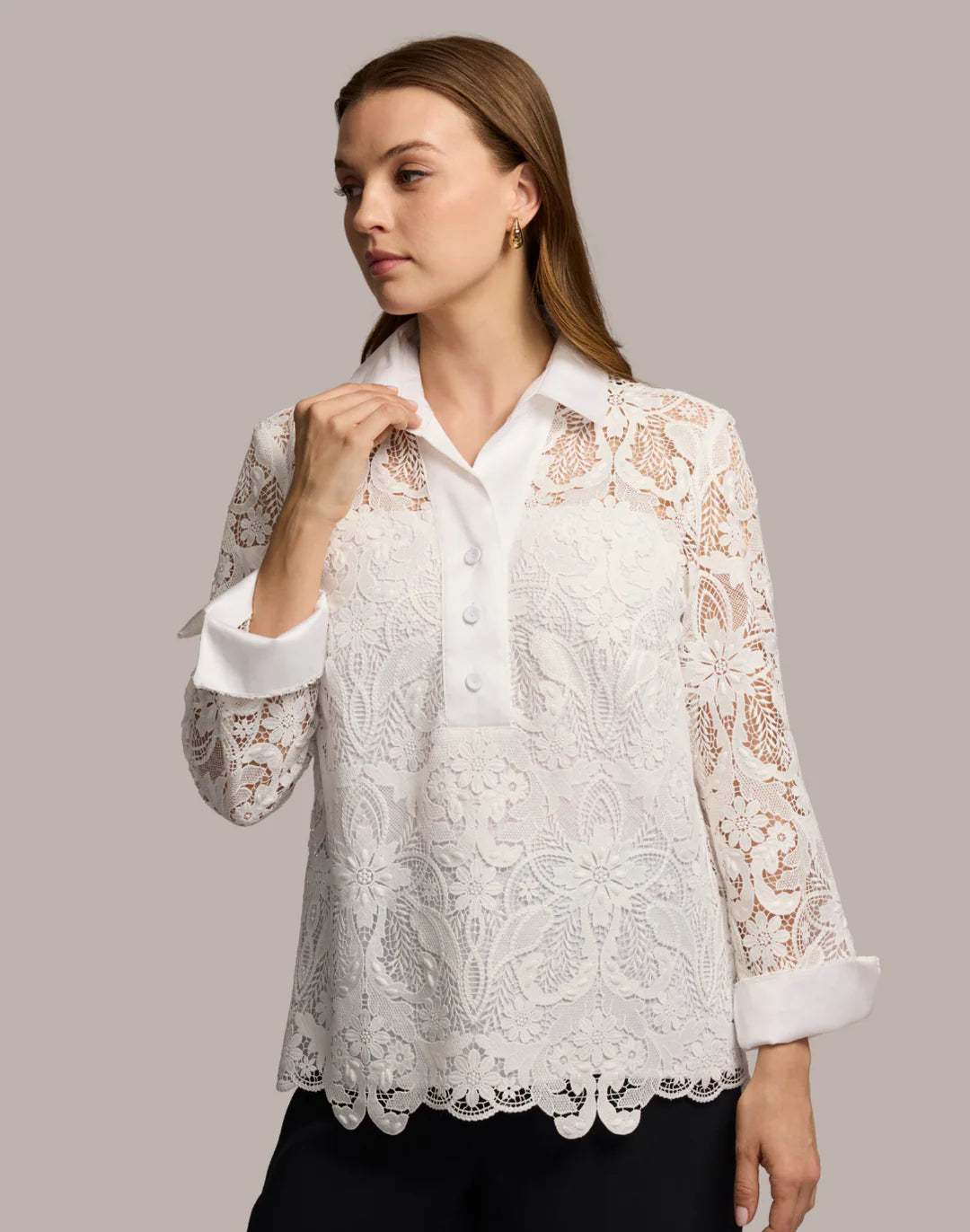 Aileen 3/4 Sleeve Lace Shirt in White