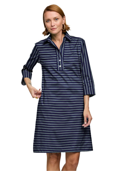 Aileen 3/4 Sleeve Stripe Dress in French Grey/Midnight