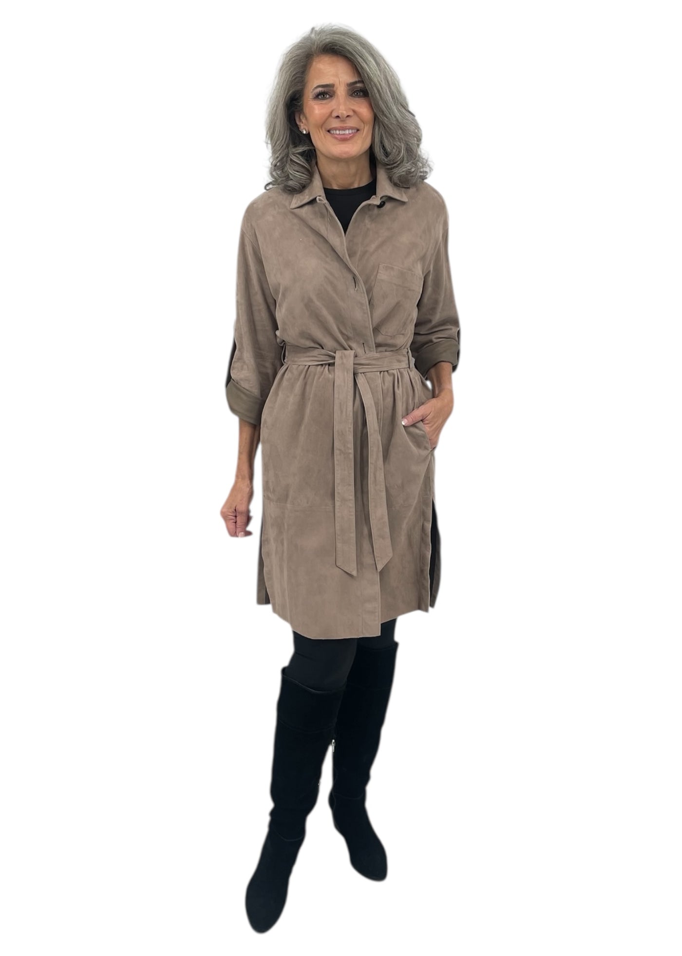 100% Leather Suede Coat in Mud