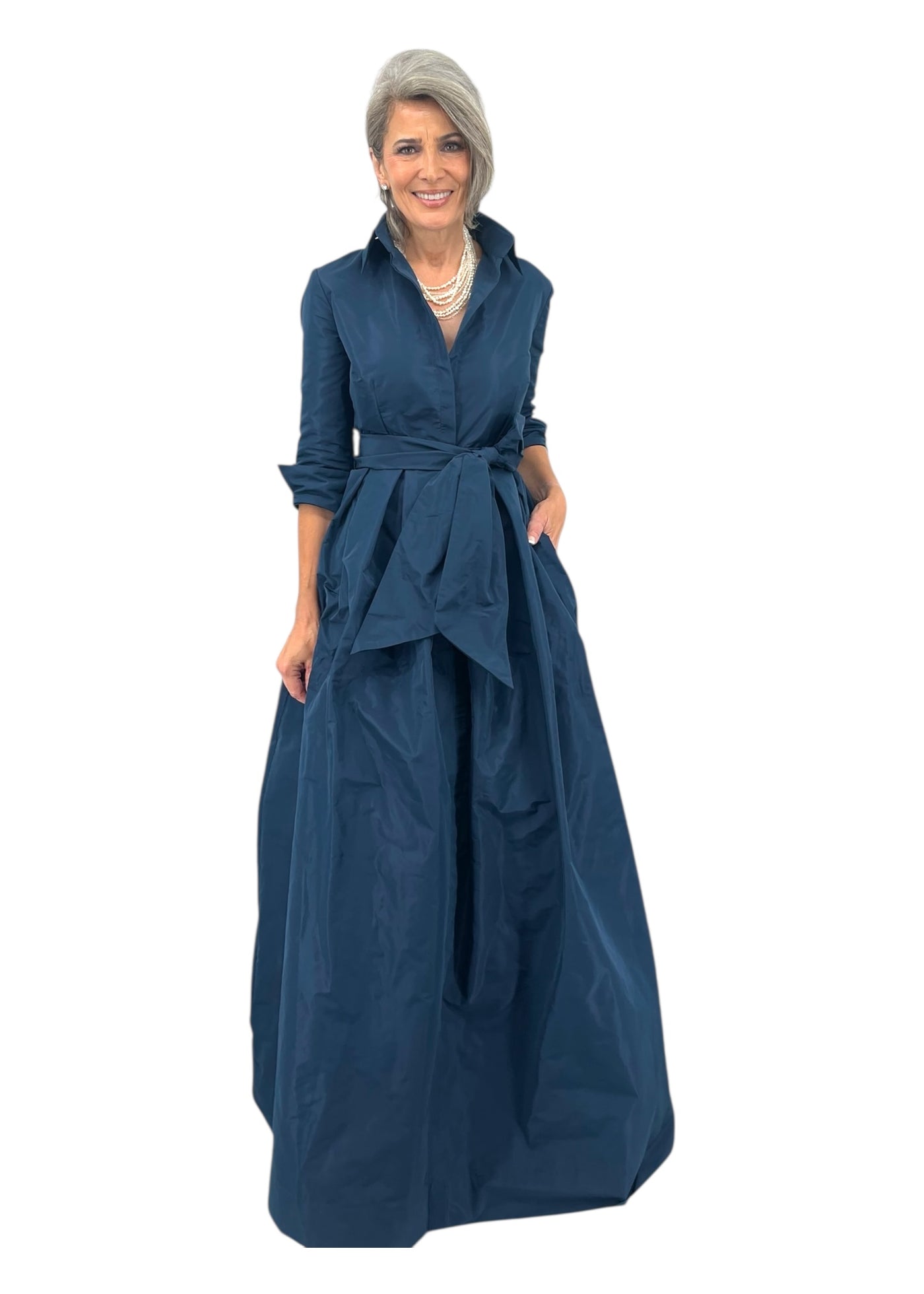 Italian Taffeta Shirt Dress Gown in Navy Navy / M / IT1581-F-IT