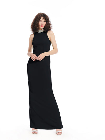 Jeweled Collar Sleeveless Gown - Black