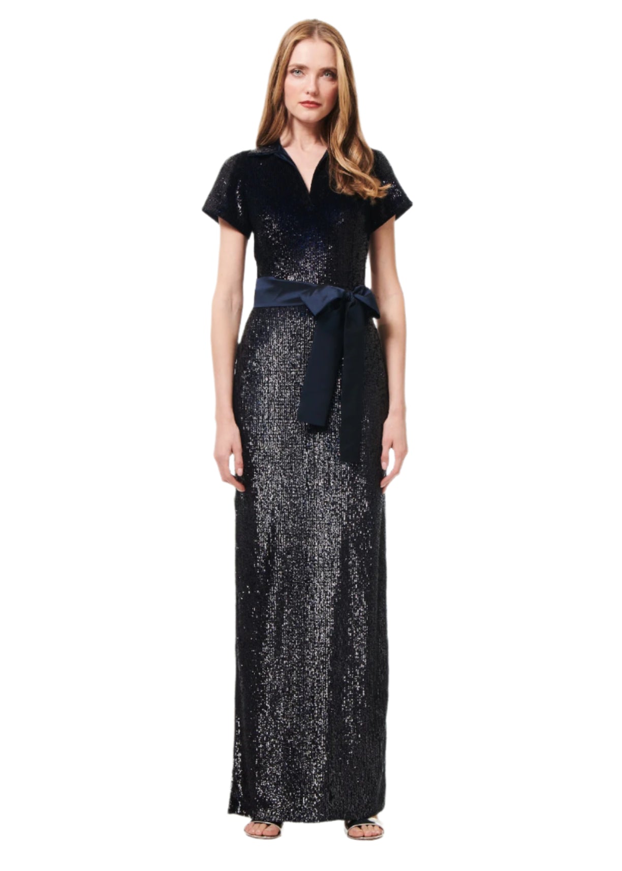 Sequin Polo Gown With Sash in Navy