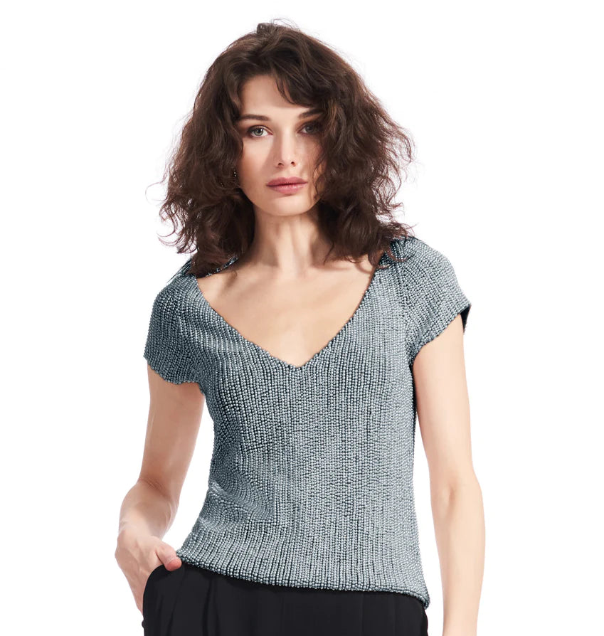 Stretch Pearl Beaded V-Neck in Light Blue