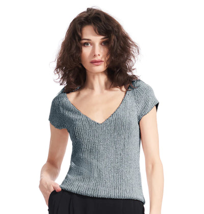 Stretch Pearl Beaded V-Neck in Light Blue