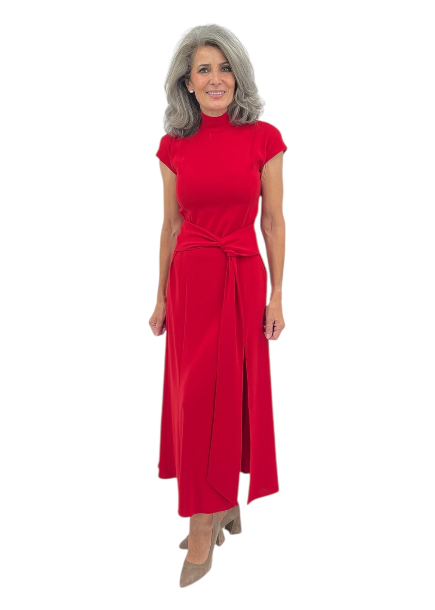 Matte Crepe Hip Sash Maxi Dress in Red