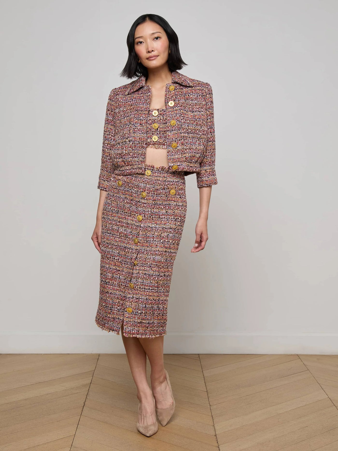JIA Crop 3/4 Sleeve Jacket in Mauve/Tan Multi Tweed