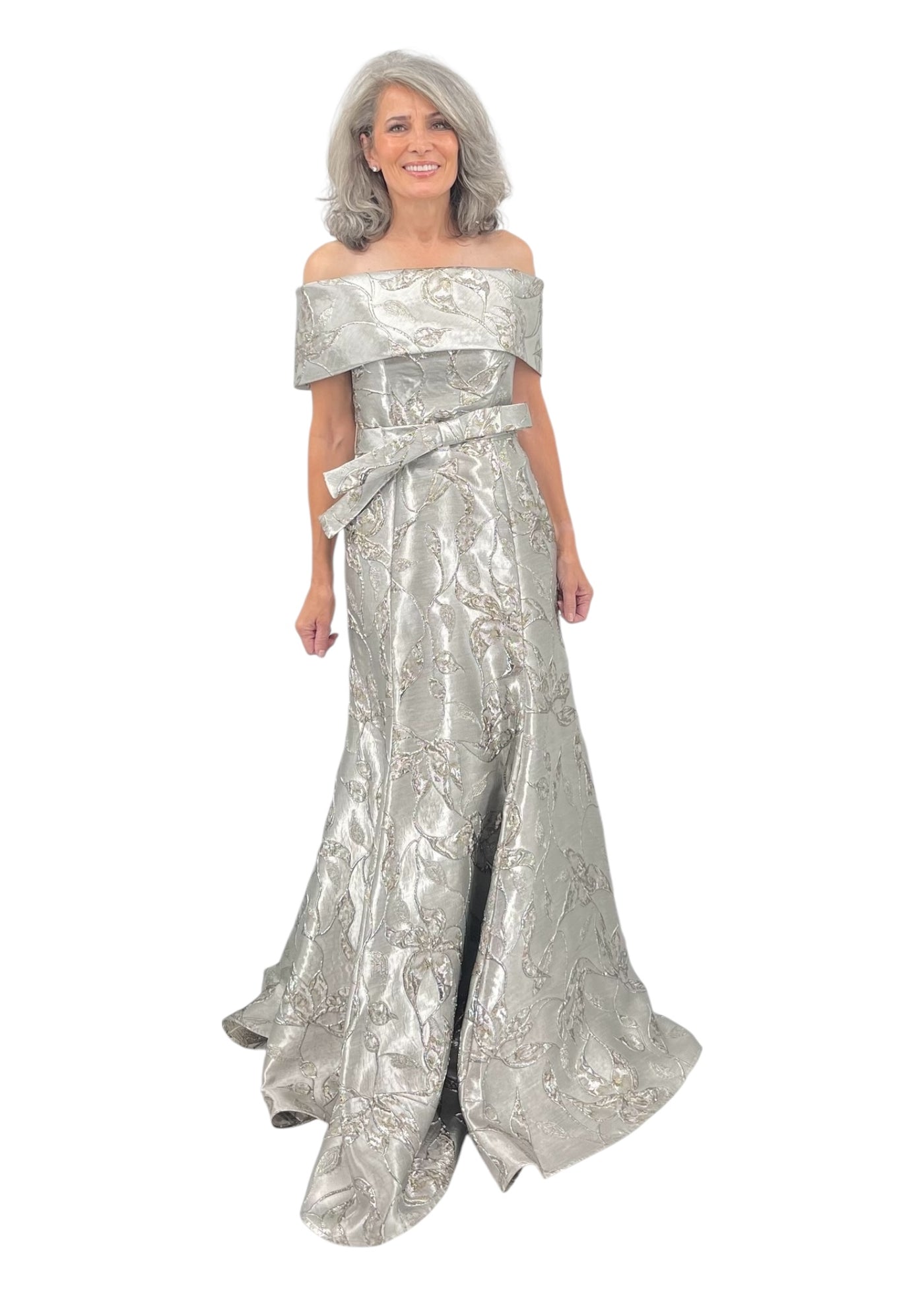 Off the Shoulder Gown in Silver
