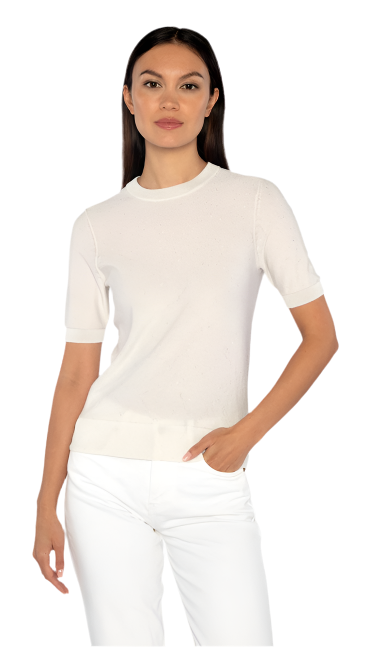 Sequin Short Sleeve Crew in Ivory