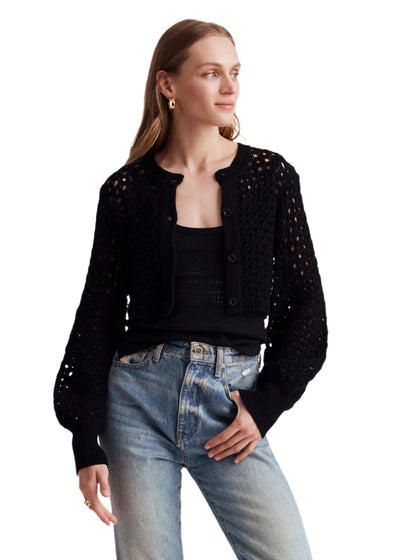 Tori Crochet Blouson Sleeve Cardigan in Jet