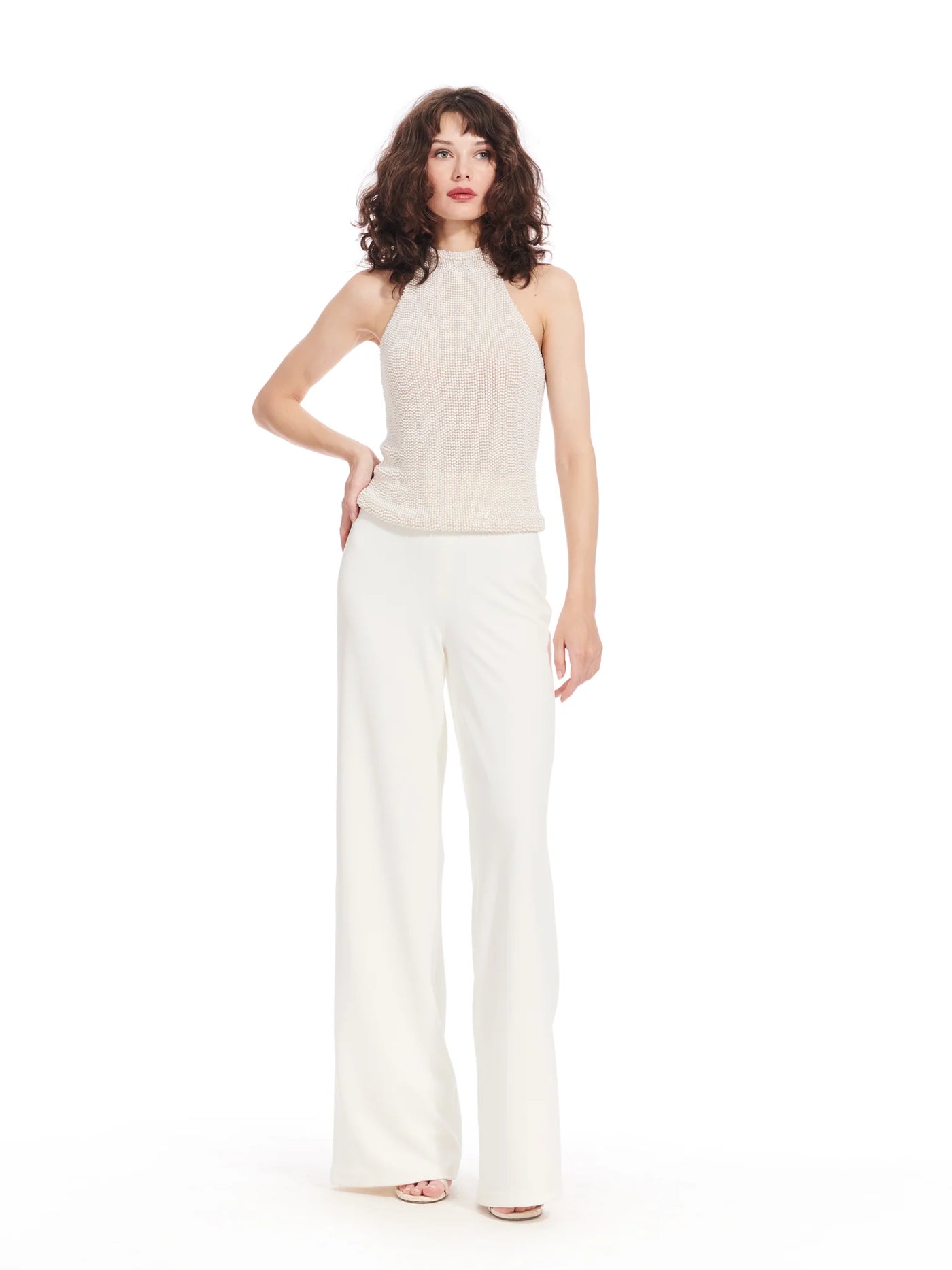 Pearl Encrusted Sleeveless Mock Neck - Pearl