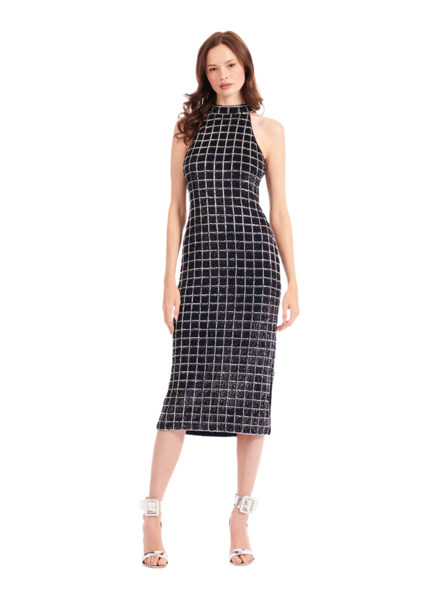 Navy Windowpane Beaded Mock Neck Midi Dress
