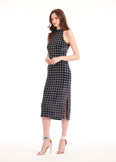 Navy Windowpane Beaded Mock Neck Midi Dress
