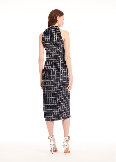 Navy Windowpane Beaded Mock Neck Midi Dress