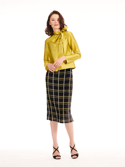 Plaid Sequin and Beaded Midi Skirt in Black Citrine