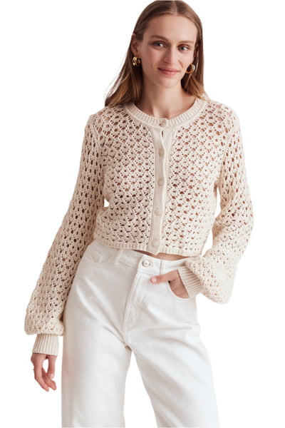 Tori Crochet Blouson Sleeve Cardigan in Parchment