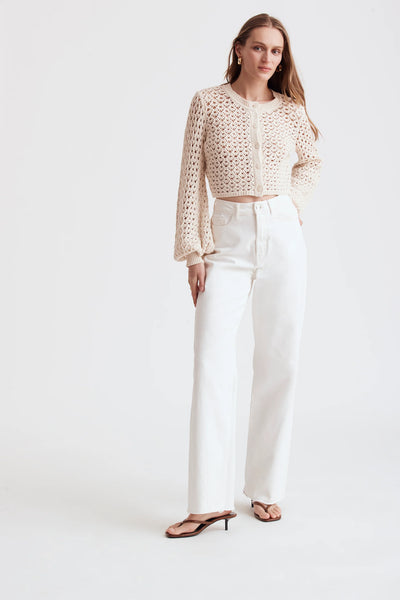 Tori Crochet Blouson Sleeve Cardigan in Parchment