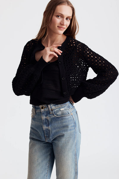 Tori Crochet Blouson Sleeve Cardigan in Jet