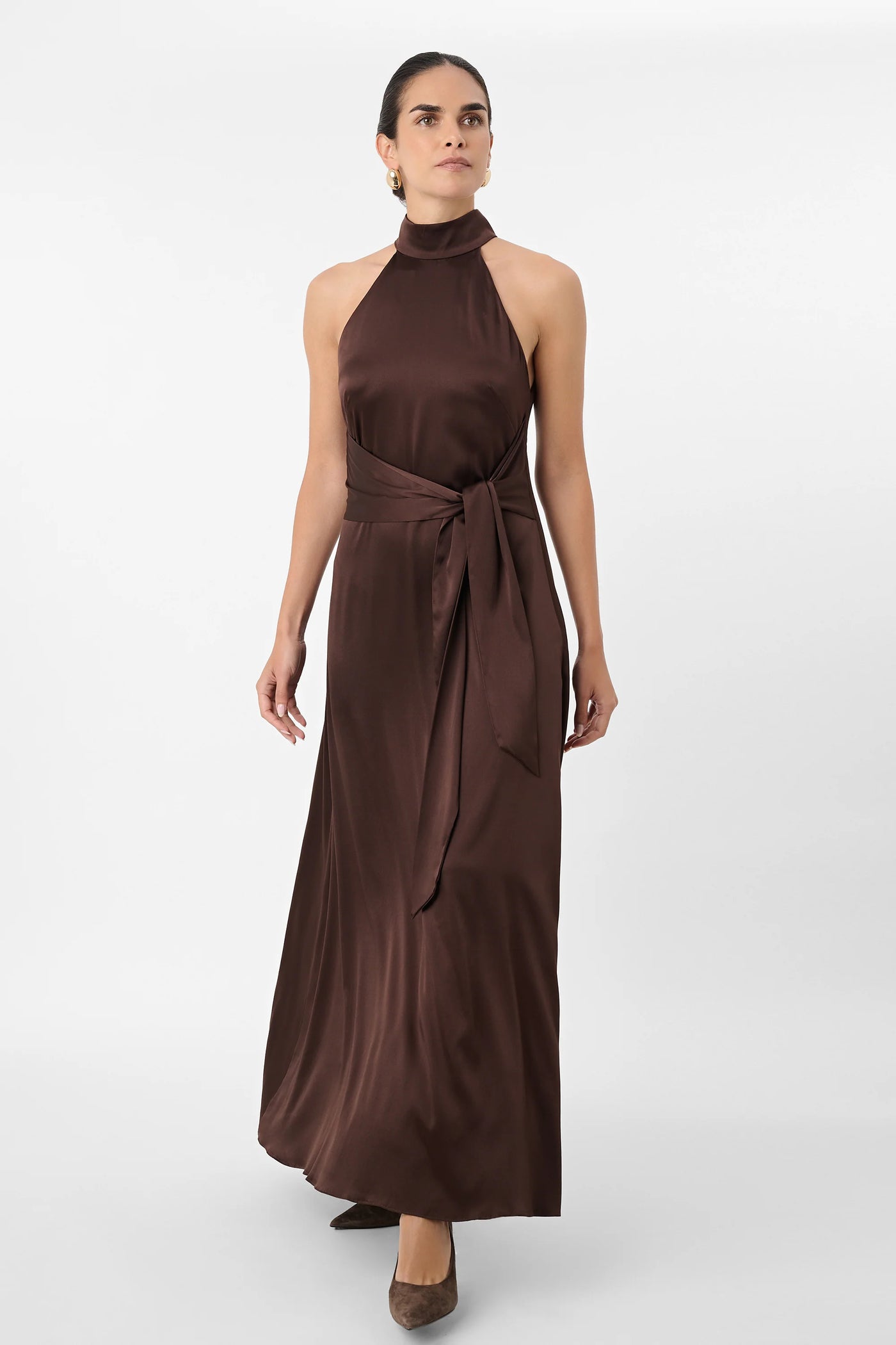 Jocelyn Maxi Silky Satin Dress in Espresso