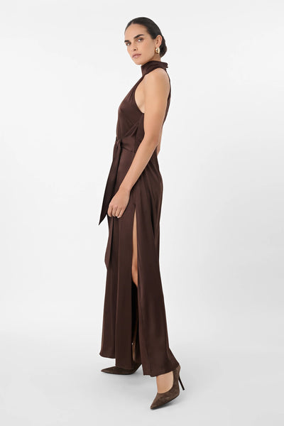 Jocelyn Maxi Silky Satin Dress in Espresso