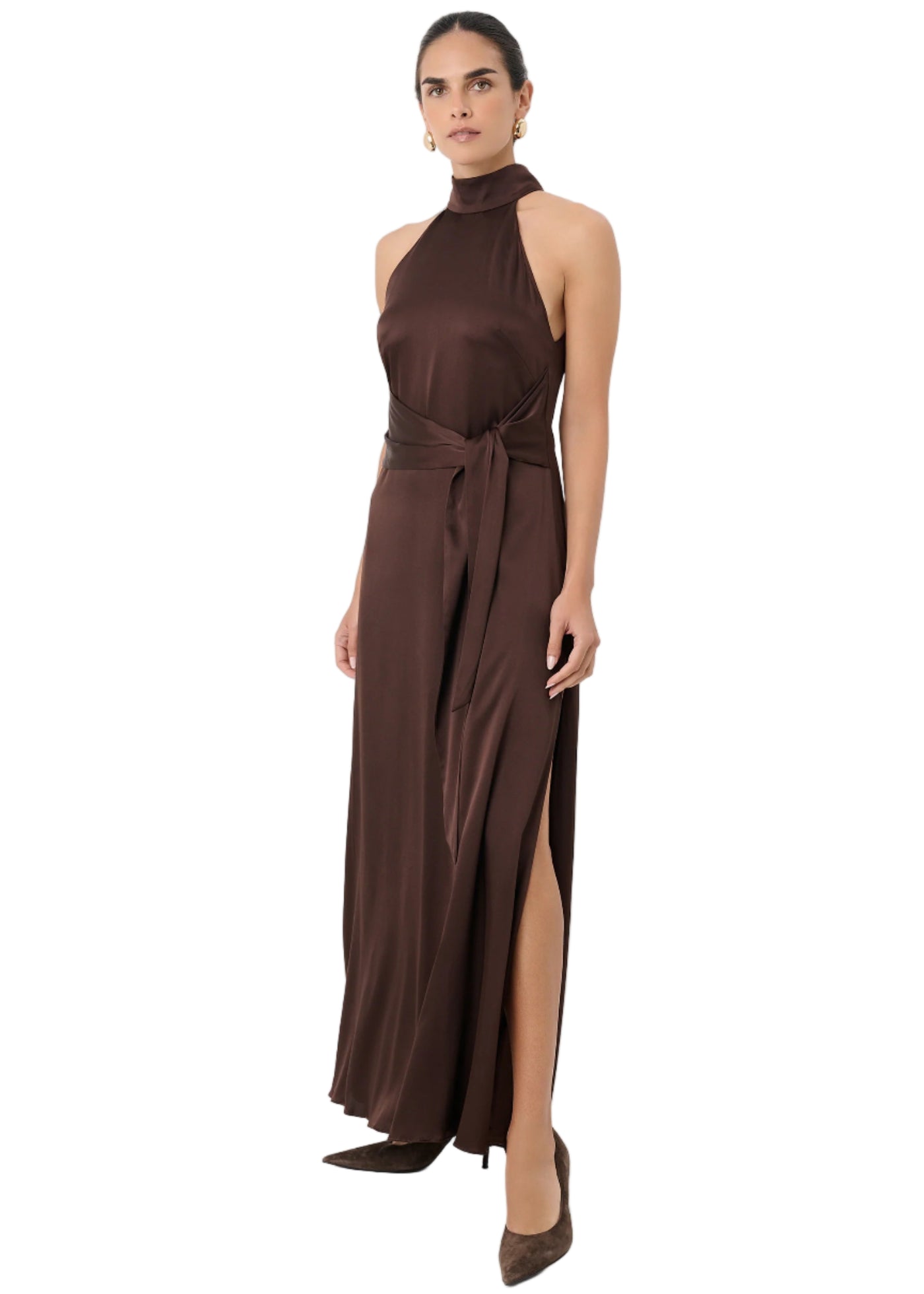 Jocelyn Maxi Silky Satin Dress in Espresso