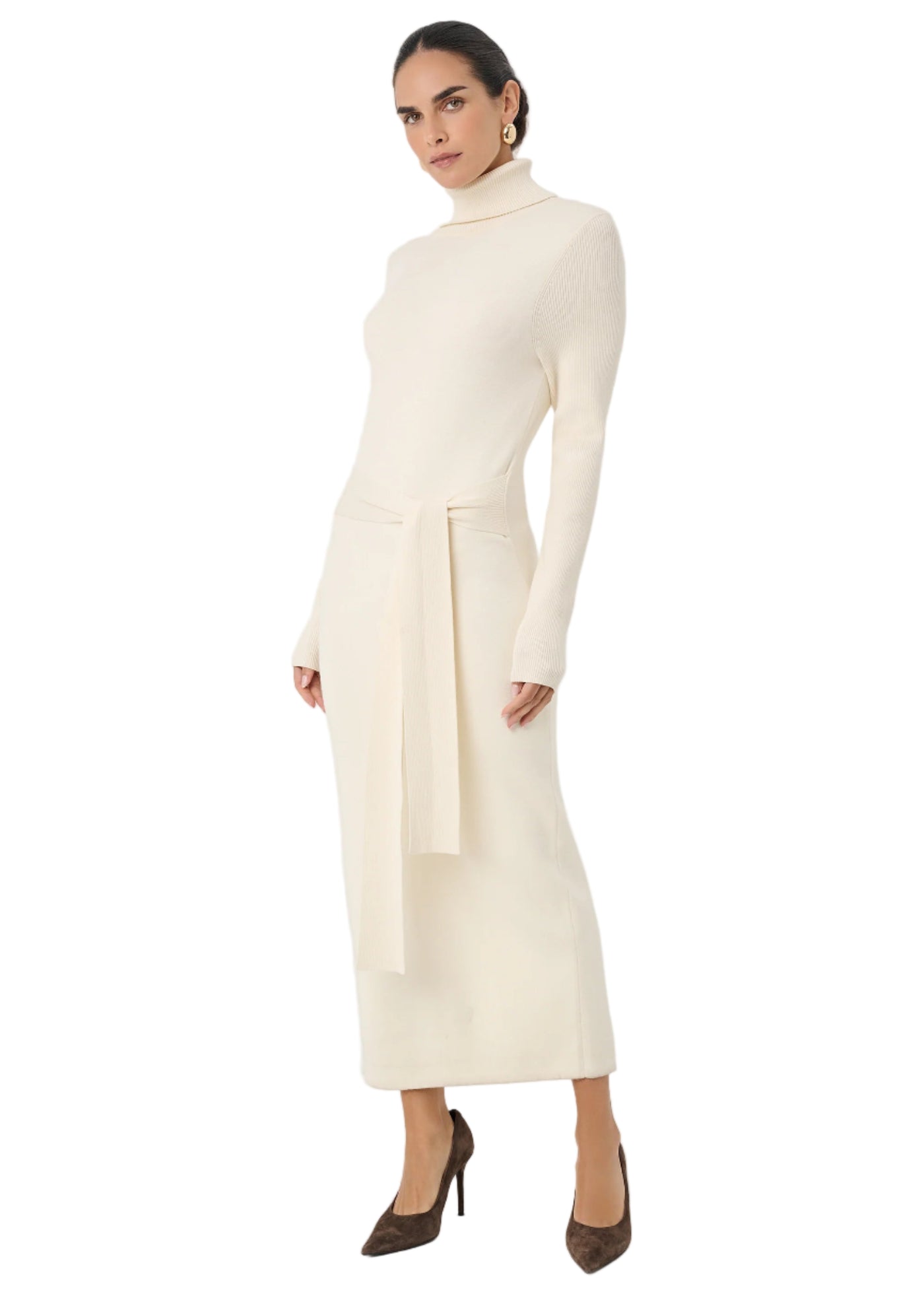 Logan Long Sleeve Tie-Front Turtleneck Dress in Ivory