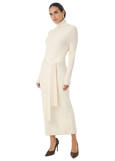 Logan Long Sleeve Tie-Front Turtleneck Dress in Ivory