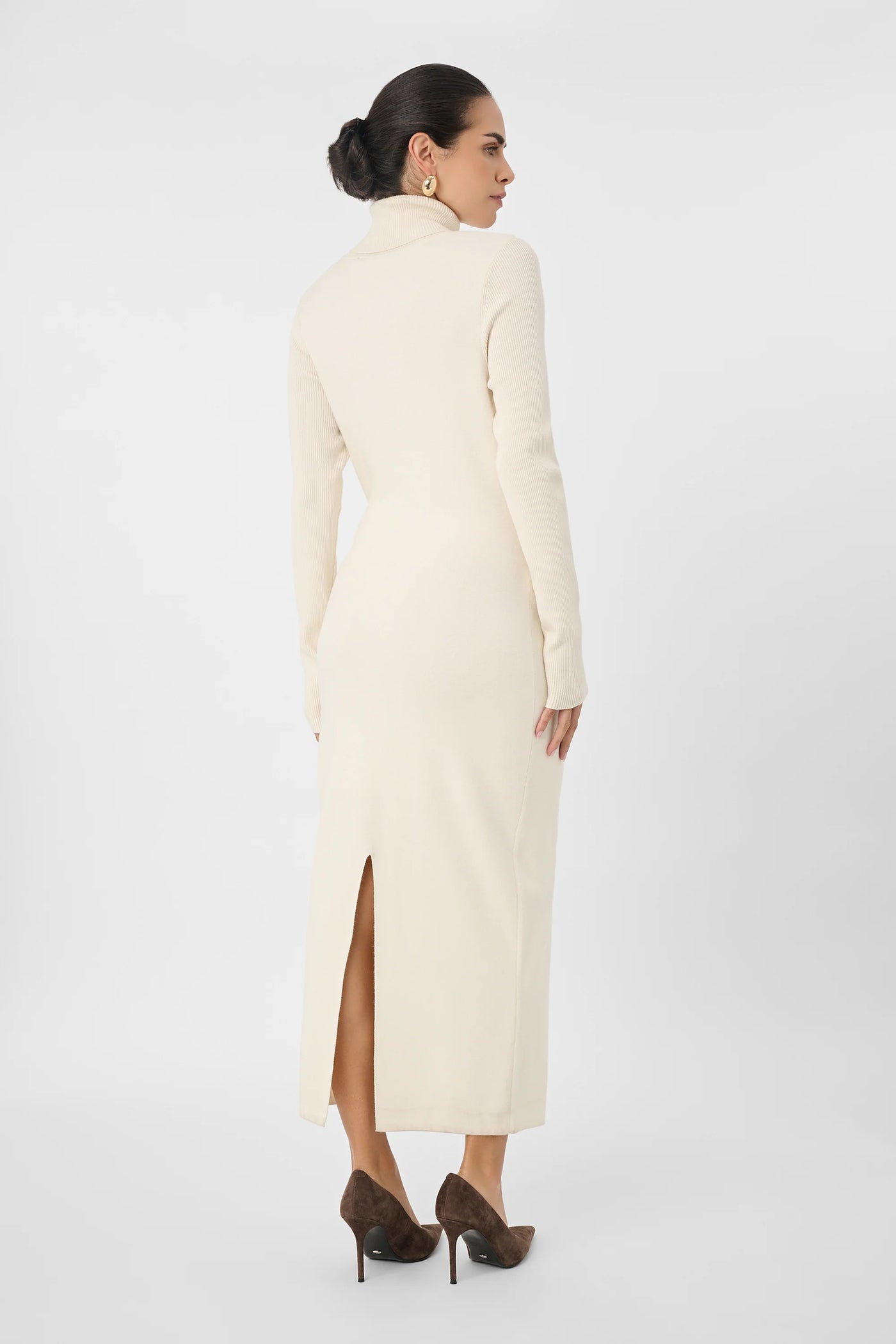 Logan Long Sleeve Tie-Front Turtleneck Dress in Ivory