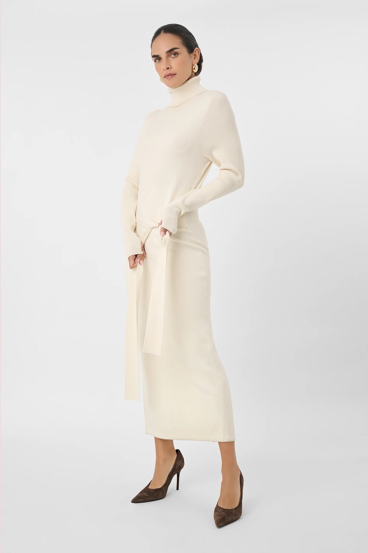 Logan Long Sleeve Tie-Front Turtleneck Dress in Ivory