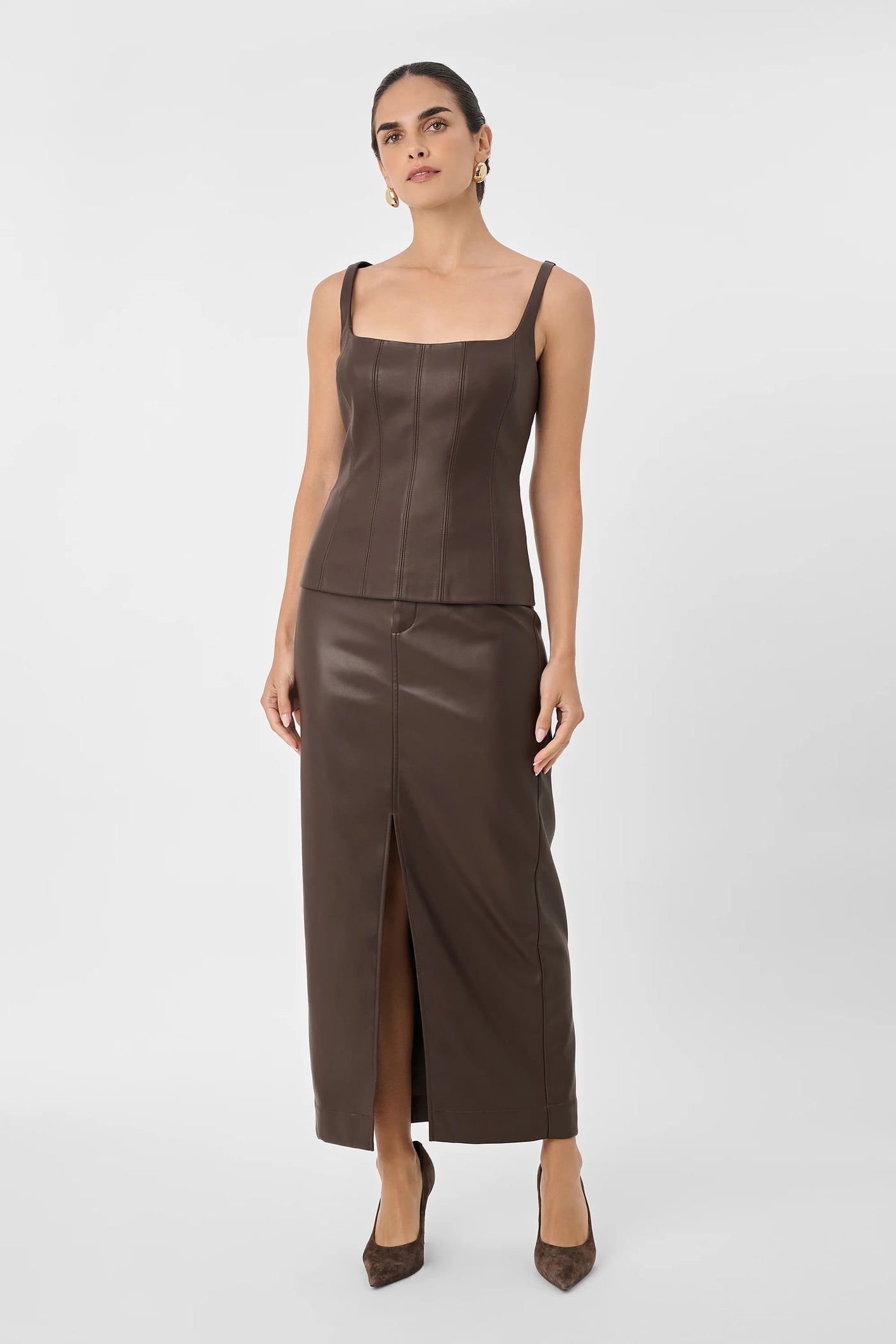 Meg Vegan Leather Midi Skirt in Espresso