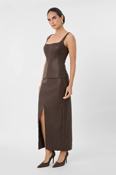 Meg Vegan Leather Midi Skirt in Espresso