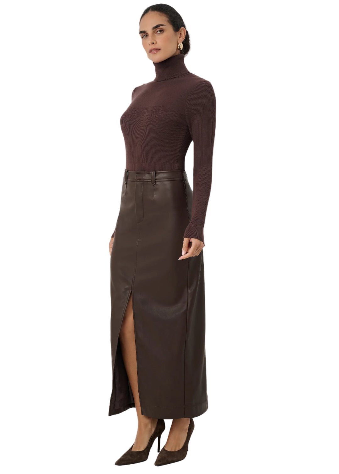 Meg Vegan Leather Midi Skirt in Espresso – Carl Meyers