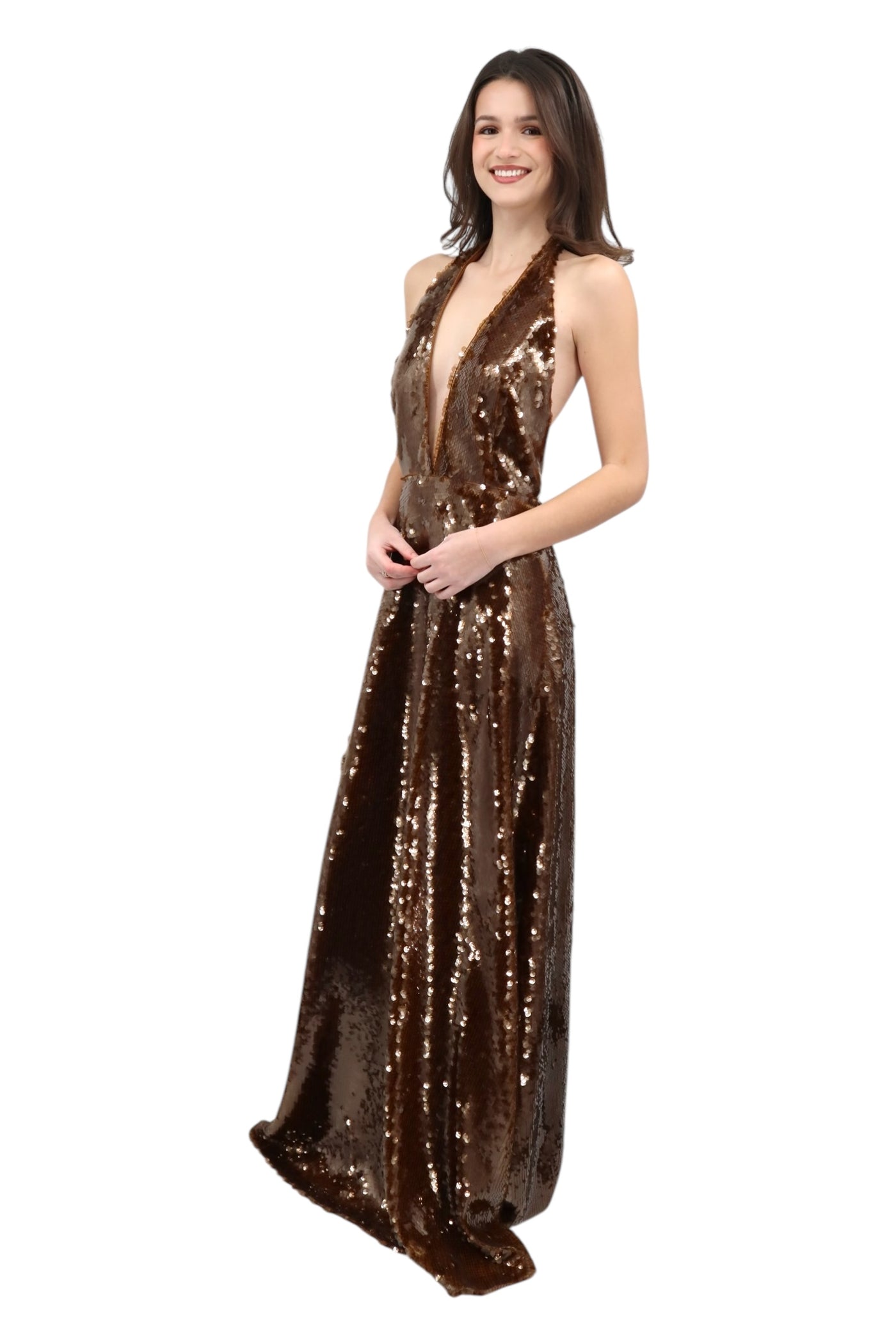 Sequin Halter Gown in Brown Sequin Halter Gown in Brown