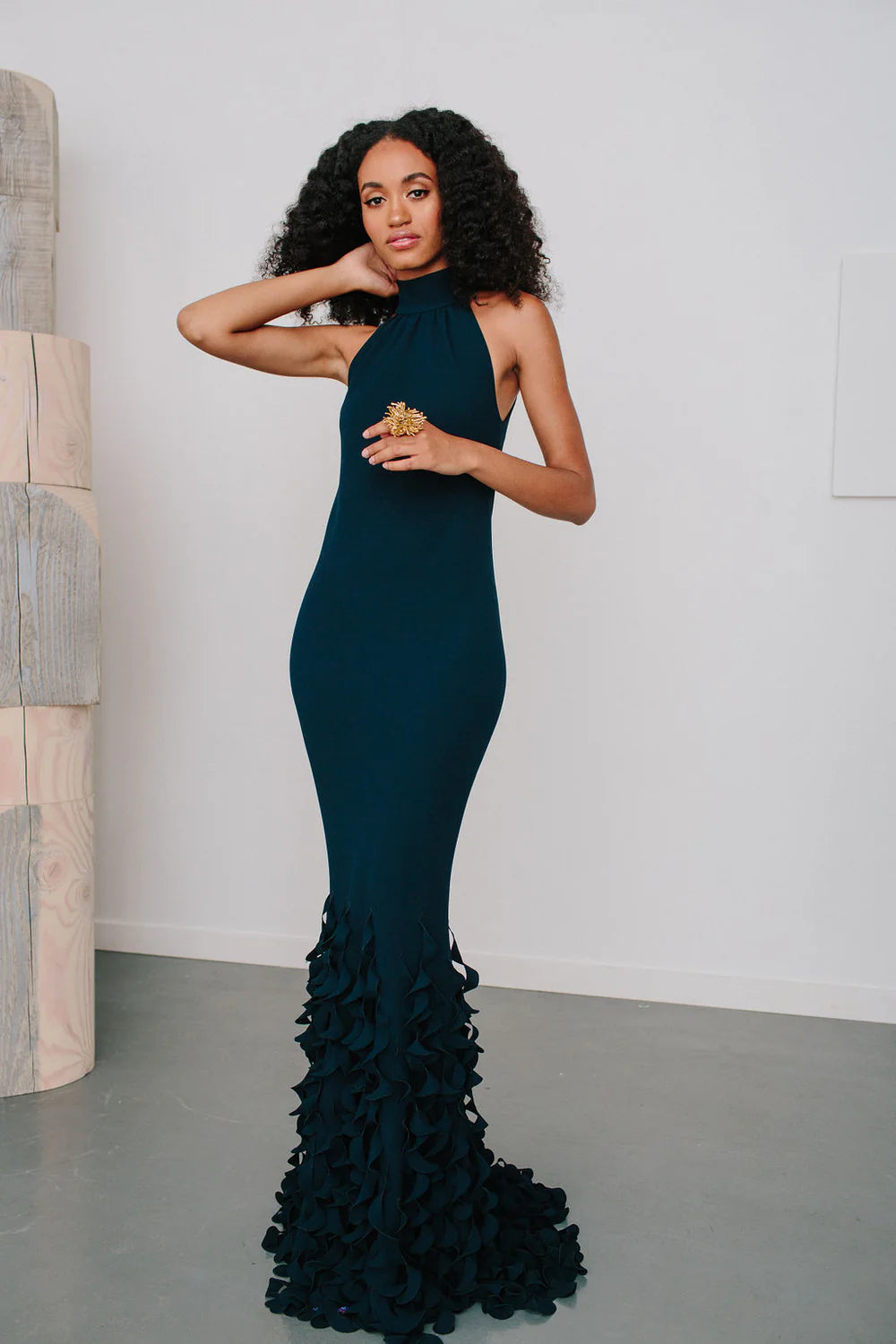T-Neck Bias Sheath Gown with Spiral Hem in Navy