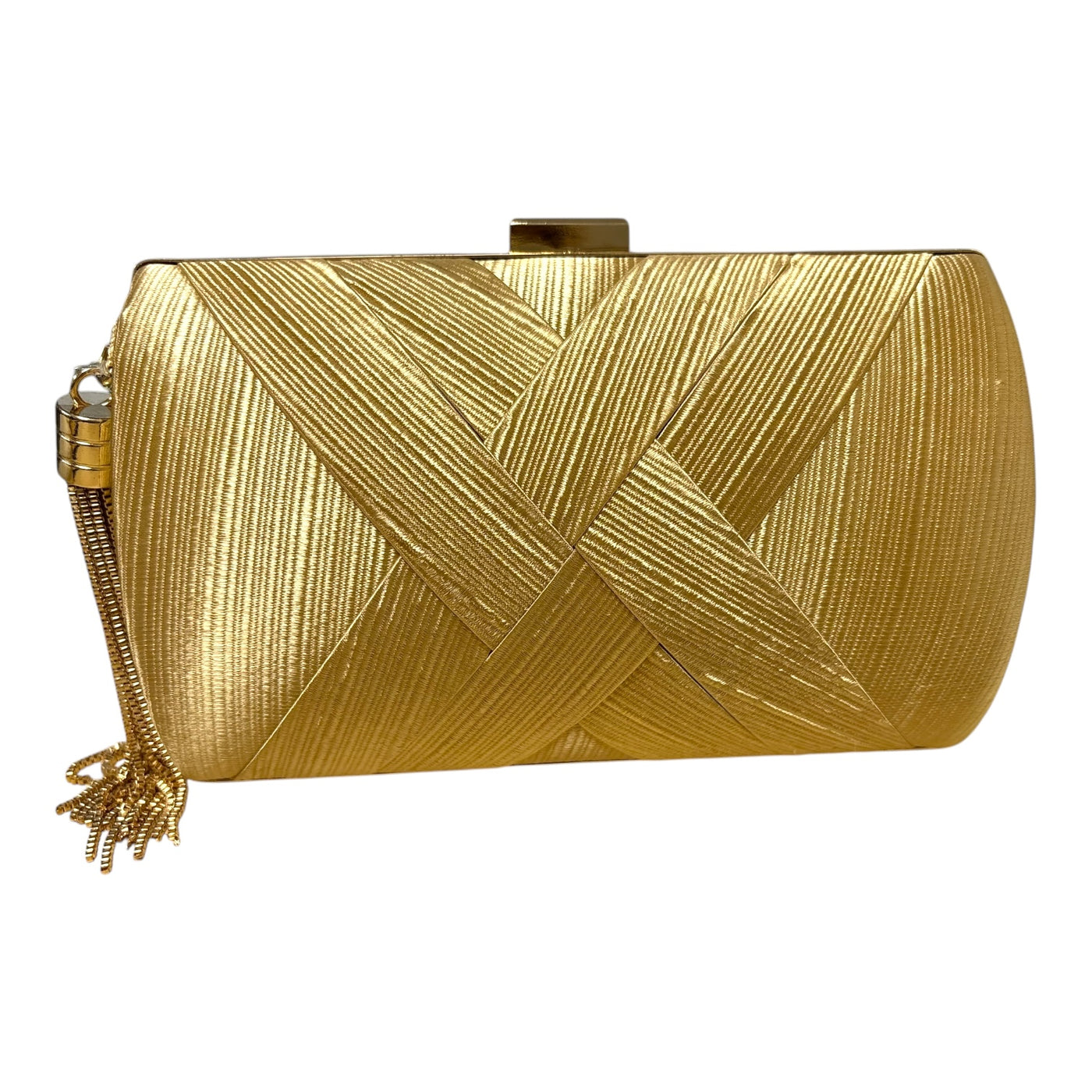 Gold Criss Cross Barrel Minaudiere Clutch