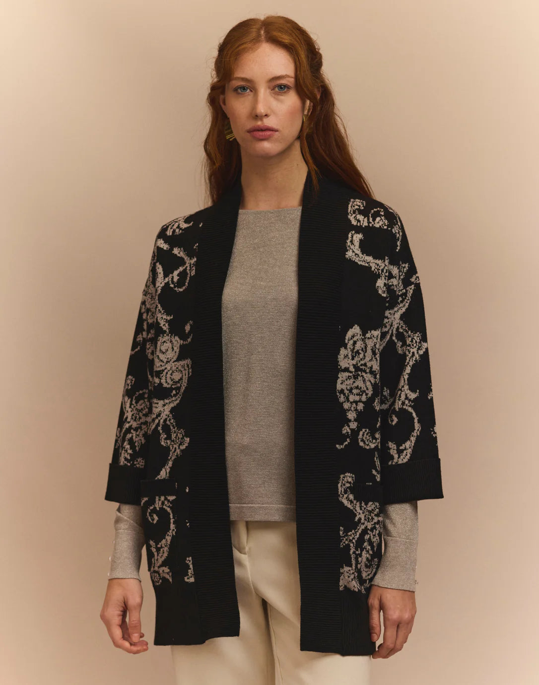 Luna Lurex Paisley Jacquard Coat in Black/Silver Lurex