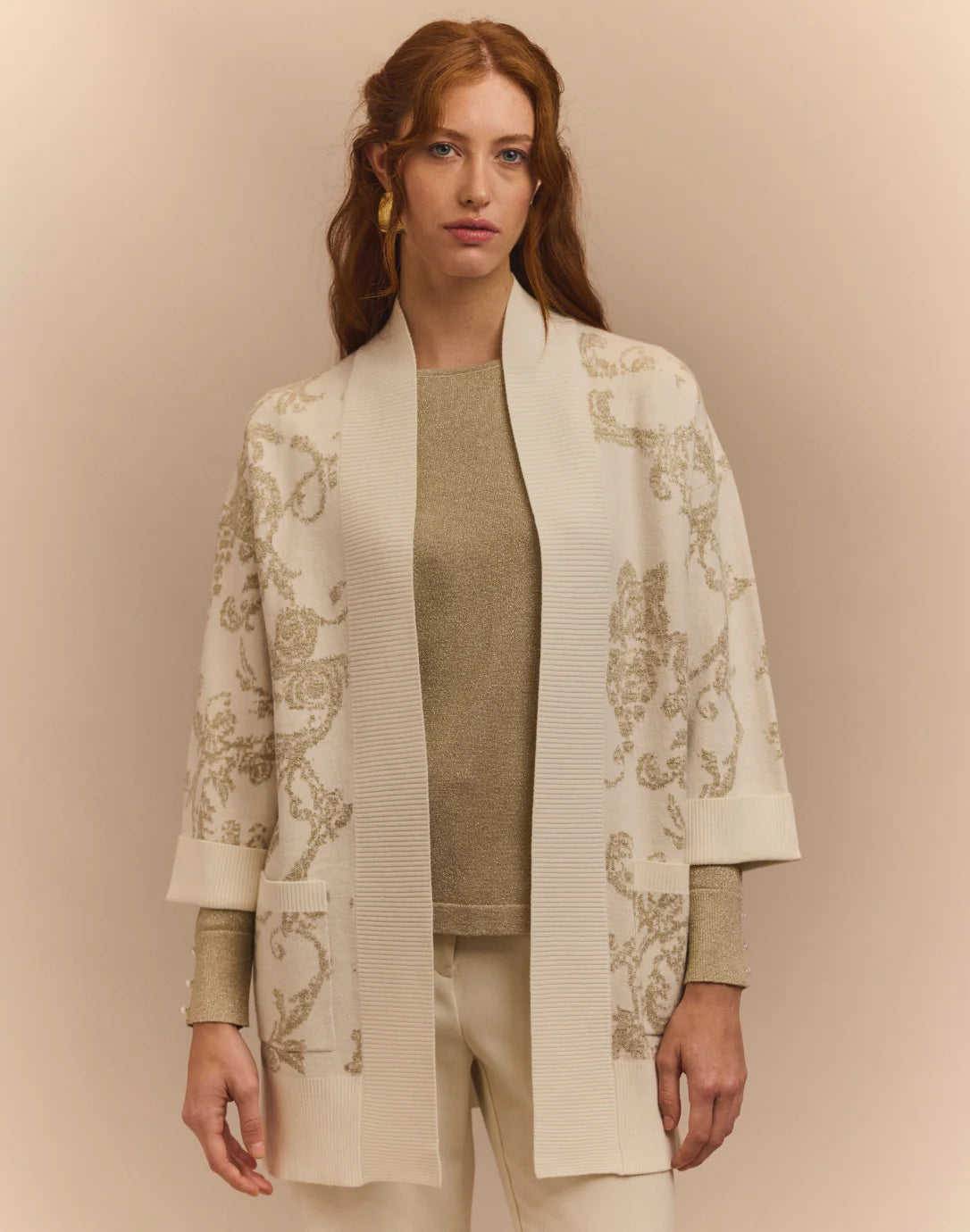 Luna Lurex Paisley Jacquard Coat in Eggshell/Gold Lurex