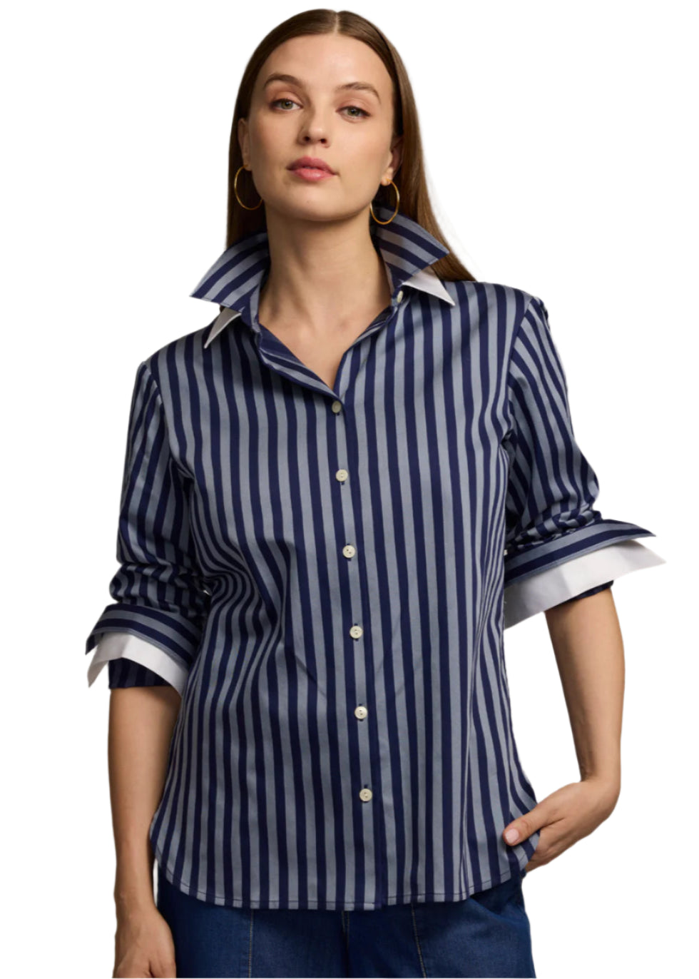 Margot Long Sleeve Stripe Shirt in French Grey/Midnight
