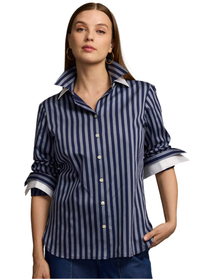 Margot Long Sleeve Stripe Shirt in French Grey/Midnight