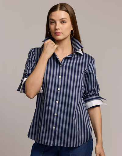 Margot Long Sleeve Stripe Shirt in French Grey/Midnight