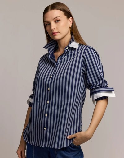 Margot Long Sleeve Stripe Shirt in French Grey/Midnight
