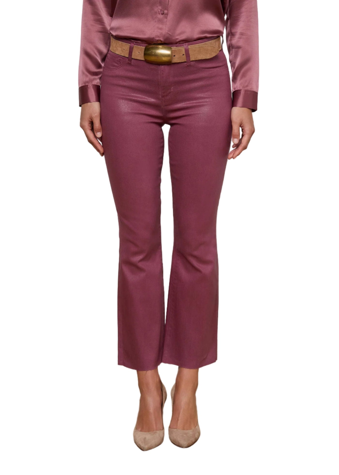 Kendra Cropped Coated Flare Jean in Deep Mauve Coated