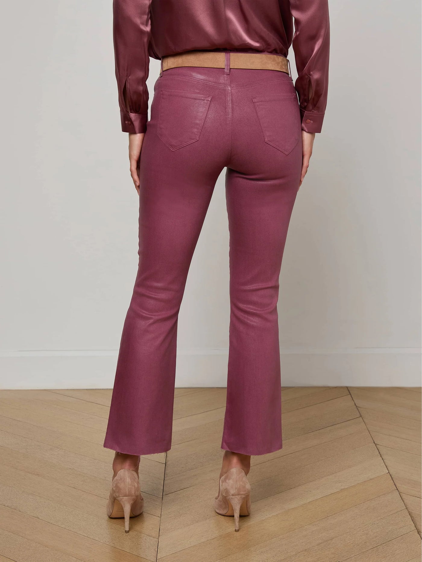 Kendra Cropped Coated Flare Jean in Deep Mauve Coated