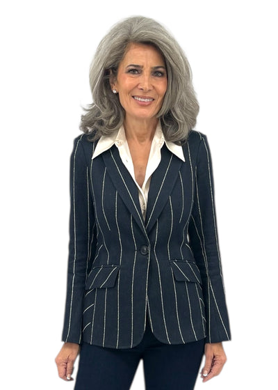 Pinstripe Trompette Sleeve Blazer in Navy