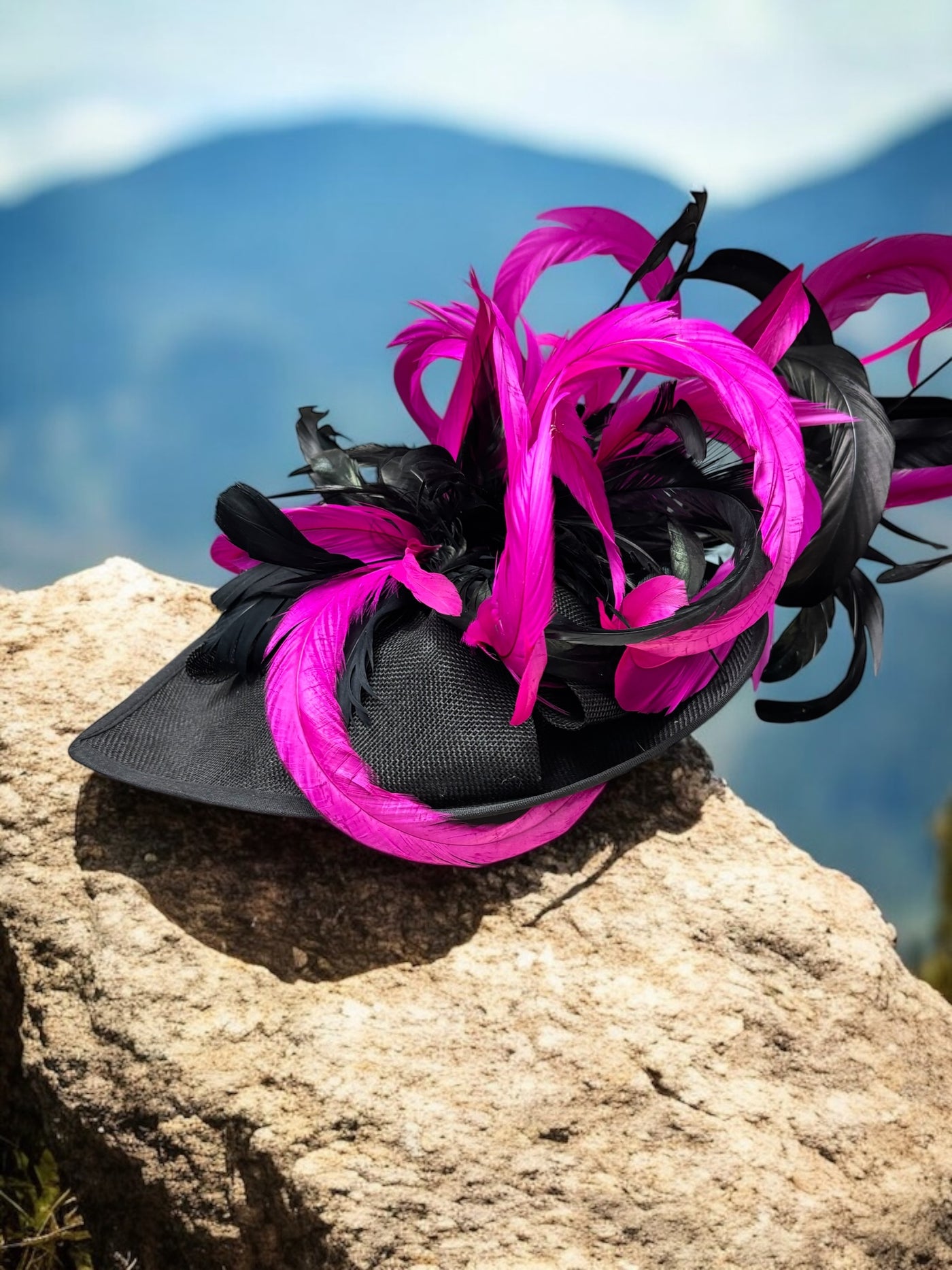 Tall black Fascinator with Pink Feathers