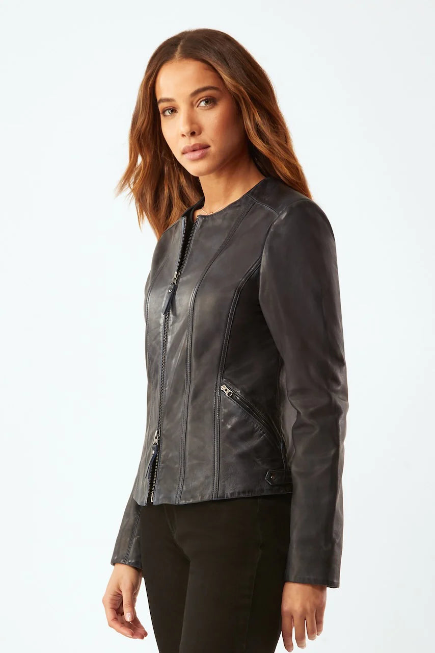 Waxed Leather Zip Jacket - Ink