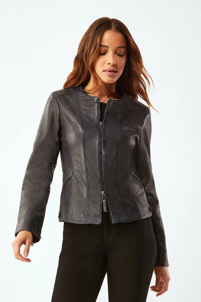 Waxed Leather Zip Jacket - Ink