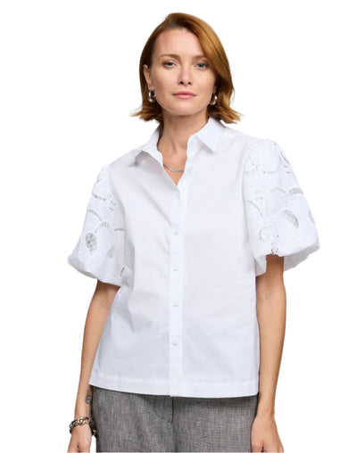 Angelina Elbow Sleeve Embroidered Eyelet Shirt in White
